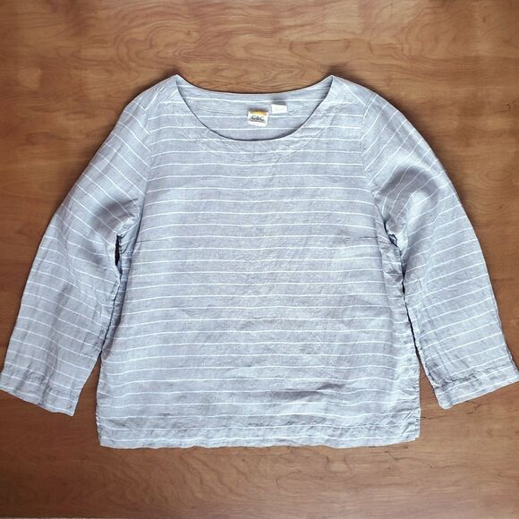 C&C California 100% Linen Top Sz M Taupe Striped Lagenlook Minimalist Coastal - Picture 2 of 8